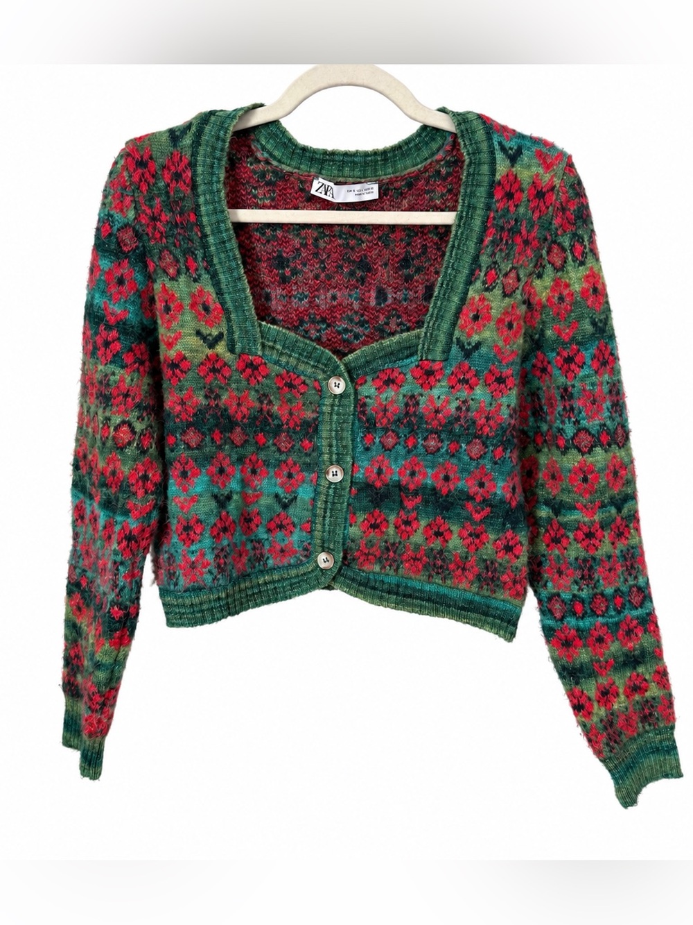 Zara Floral Jacquard Knit Cropped Long Sleeve Button Front Cardigan